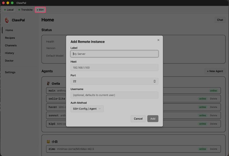 连接栏和 SSH 设置